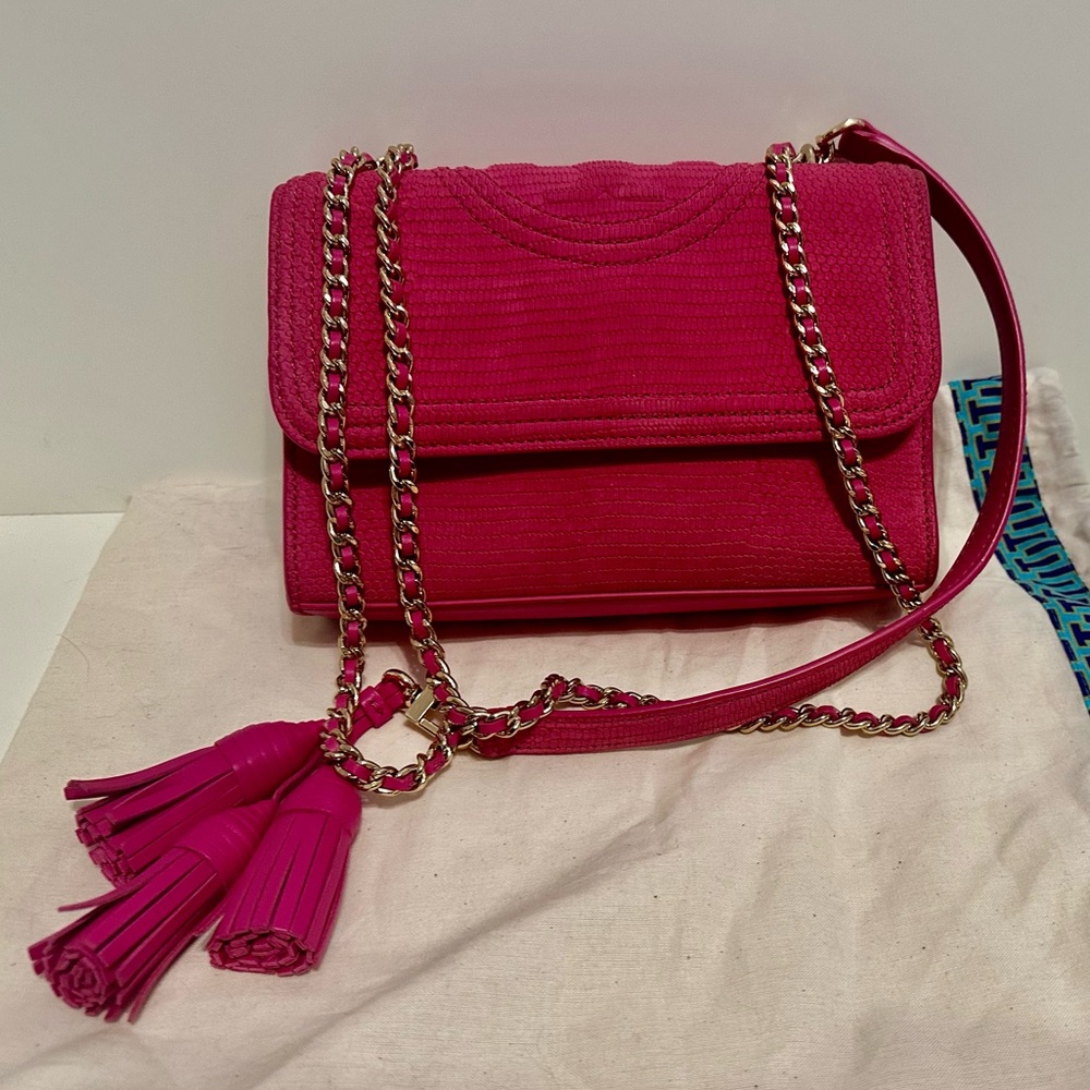 Tory Burch; Fleming, Convertible Shoulder Strap, Pink Snakeskin Embossed